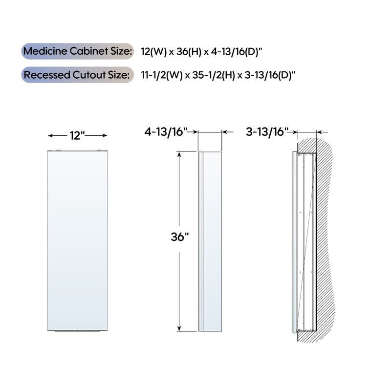 12 in. ×36 in. Copper-Free Tri-Views Mirror Medicine Cabinet, Recessed/Surface Mount and Right Swing Door