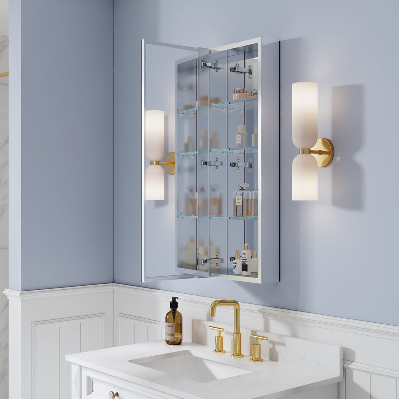 12 in. ×36 in. Copper-Free Tri-Views Mirror Medicine Cabinet, Recessed/Surface Mount and Left Swing Door