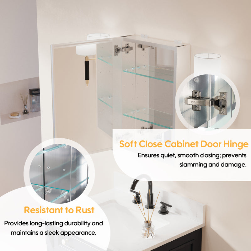 16 in.x 24 in. Copper-Free Tri-Views Mirror Cabinet with Adjustable Shelves and Left Swing Door