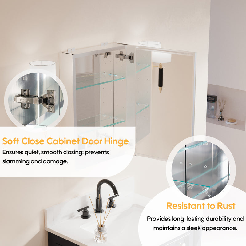 16 in.x 24 in. inch Copper-Free Tri-Views Mirror Cabinet with Adjustable Shelves and Right Swing Door
