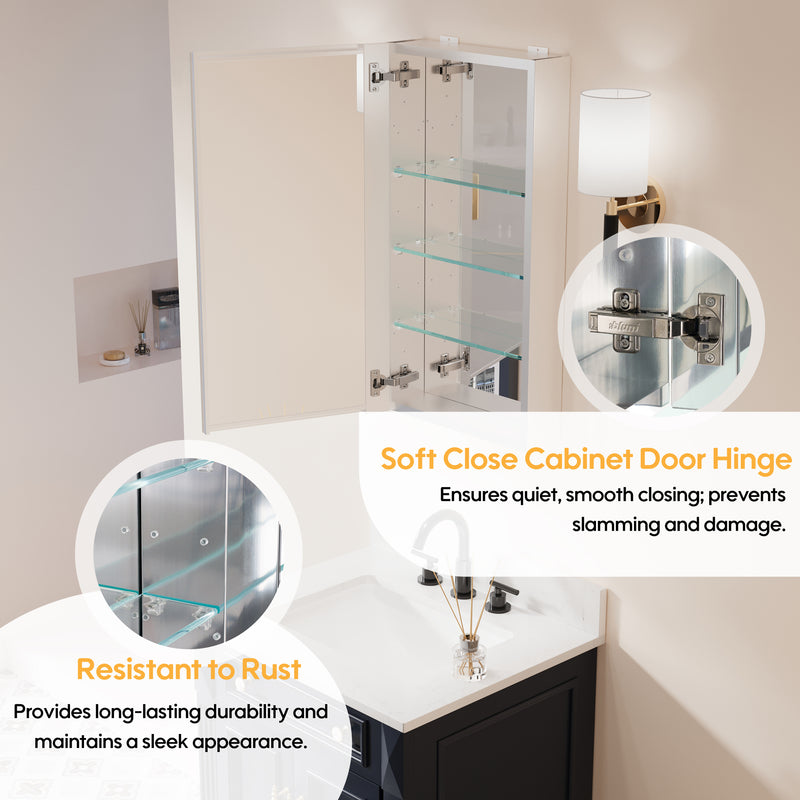 16 in. ×30 in. Copper-Free Tri-Views Mirror Medicine Cabinet with Adjustable Shelves and Left Swing Door