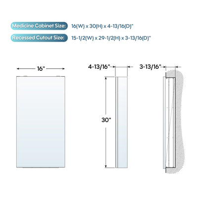16 in. ×30 in. Copper-Free Tri-Views Mirror Medicine Cabinet with Adjustable Shelves and Right Swing Door