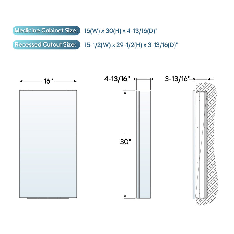 16 in. ×30 in. Copper-Free Tri-Views Mirror Medicine Cabinet with Adjustable Shelves and Right Swing Door
