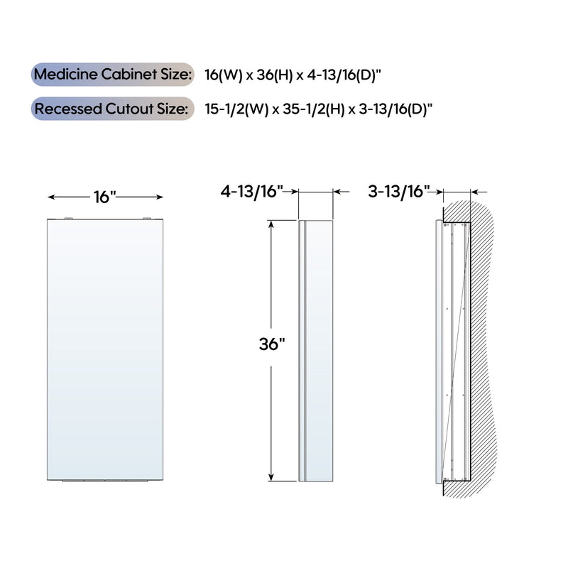 16 in. ×36 in. Copper-Free Tri-Views Mirror Medicine Cabinet, Recessed/Surface Mount and Left Swing Door