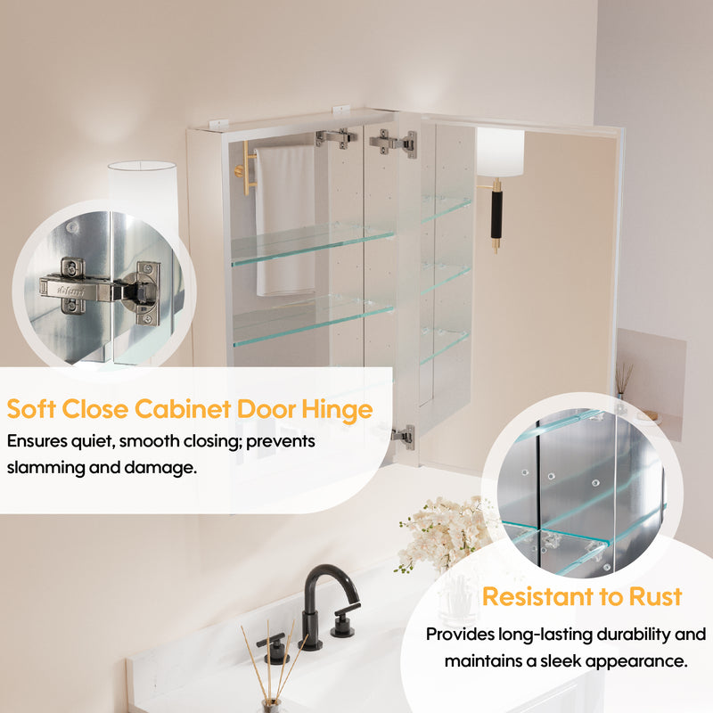 20 in.x 30 in. Copper-Free Tri-Views Mirror Cabinet with Adjustable Shelves and Right Swing Door