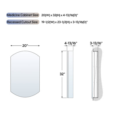 20 in. ×32 in. Copper-Free Tri-Views Bathroom Medicine Cabinet with Beveled Edge Mirrored Door, Recessed/Surface Mount