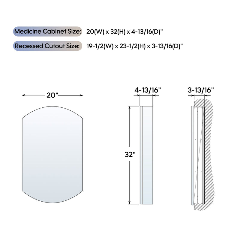 20 in. ×32 in. Copper-Free Tri-Views Bathroom Medicine Cabinet with Beveled Edge Mirrored Door, Recessed/Surface Mount
