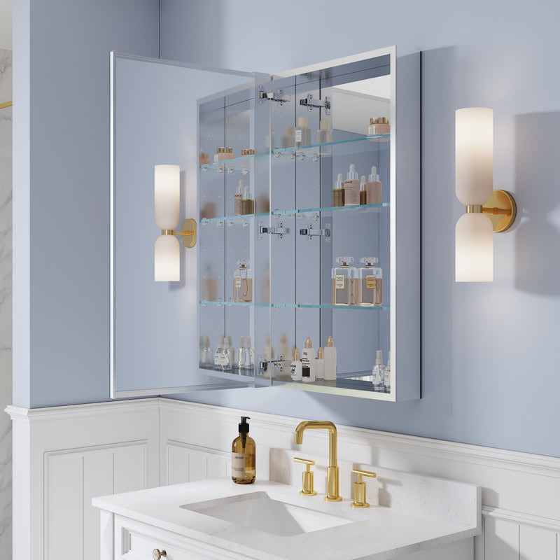 20 in. ×36 in. Copper-Free Tri-Views Mirror Medicine Cabinet, Recessed/Surface Mount and Left Swing Door