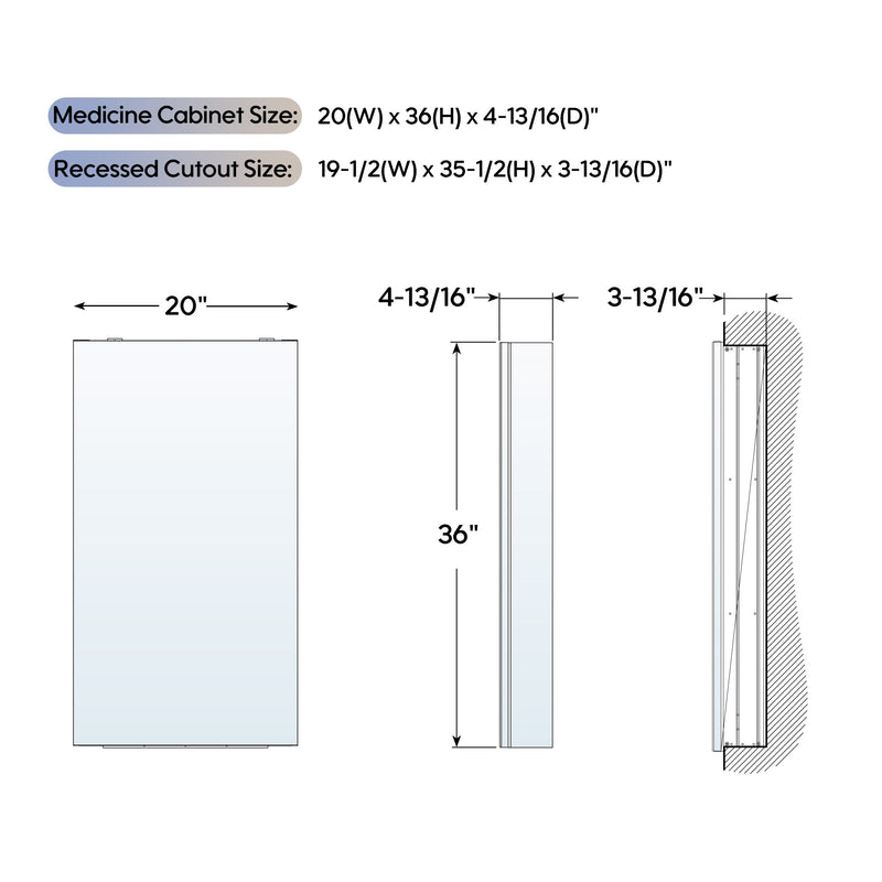 20 in. ×36 in. Copper-Free Tri-Views Mirror Medicine Cabinet, Recessed/Surface Mount and Right Swing Door