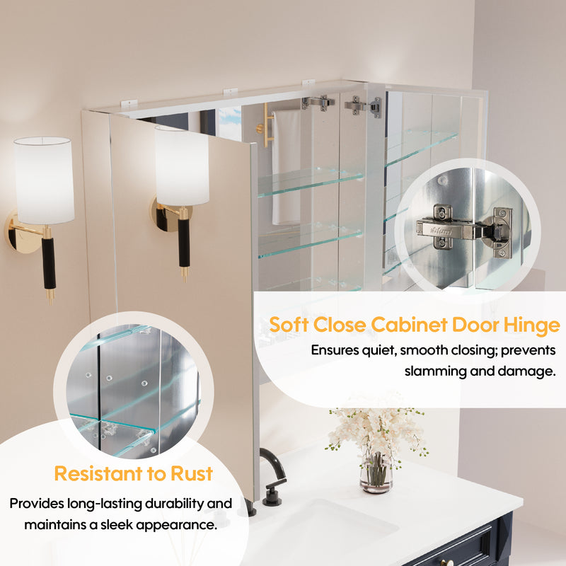 36 in.x 30 in. Copper-Free Tri-Views Mirror Cabinet with Adjustable Shelves and Dual Swing Doors