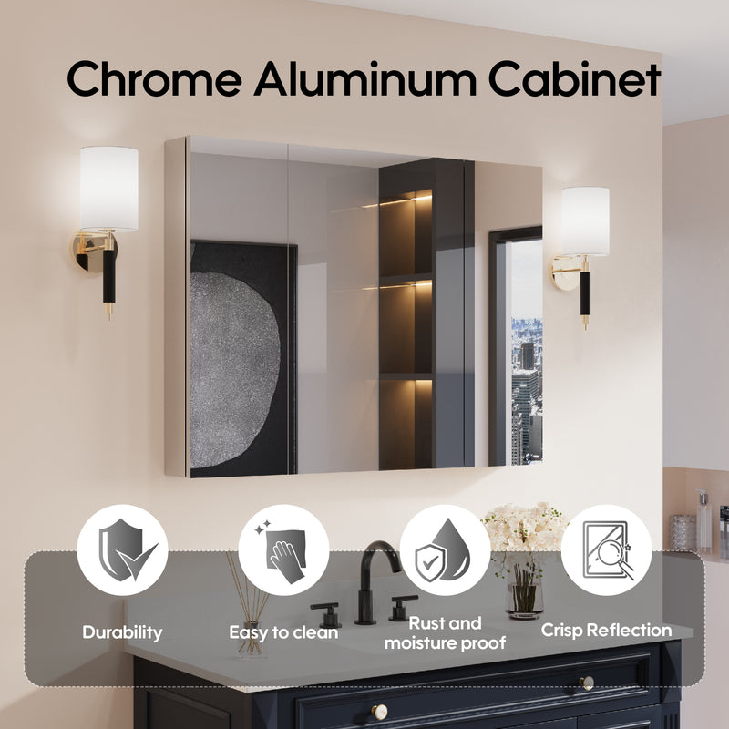 40 in.x 30 in. Copper-Free Tri-Views Mirror Cabinet with Adjustable Shelves and Triple Swing Doors