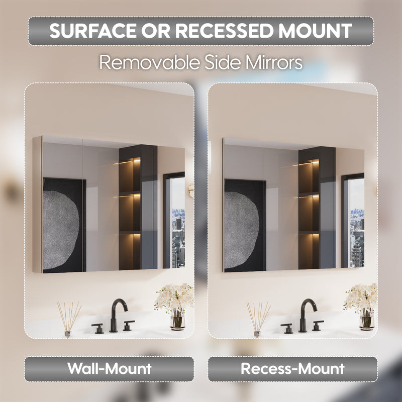 40 in.x 30 in. Copper-Free Tri-Views Mirror Cabinet with Adjustable Shelves and Triple Swing Doors