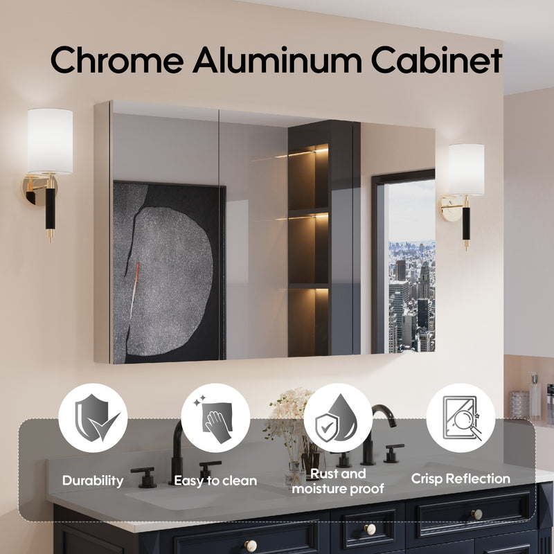 48 in.x 30 in. Copper-Free Tri-Views Mirror Cabinet with Adjustable Shelves and Triple Swing Doors