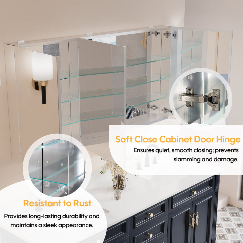 60 in. x 30 in. Copper-Free Tri-Views Mirror Medicine Cabinet with Adjustable Shelves and Triple Swing Doors