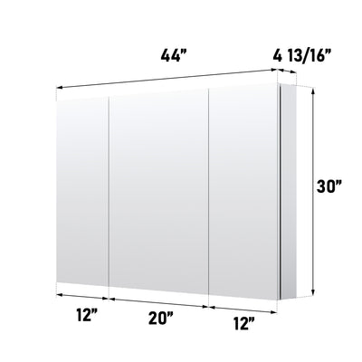 44 in. x30 in. Copper-Free Tri-Views Mirror Medicine Cabinet with Adjustable Shelves and 3 Doors