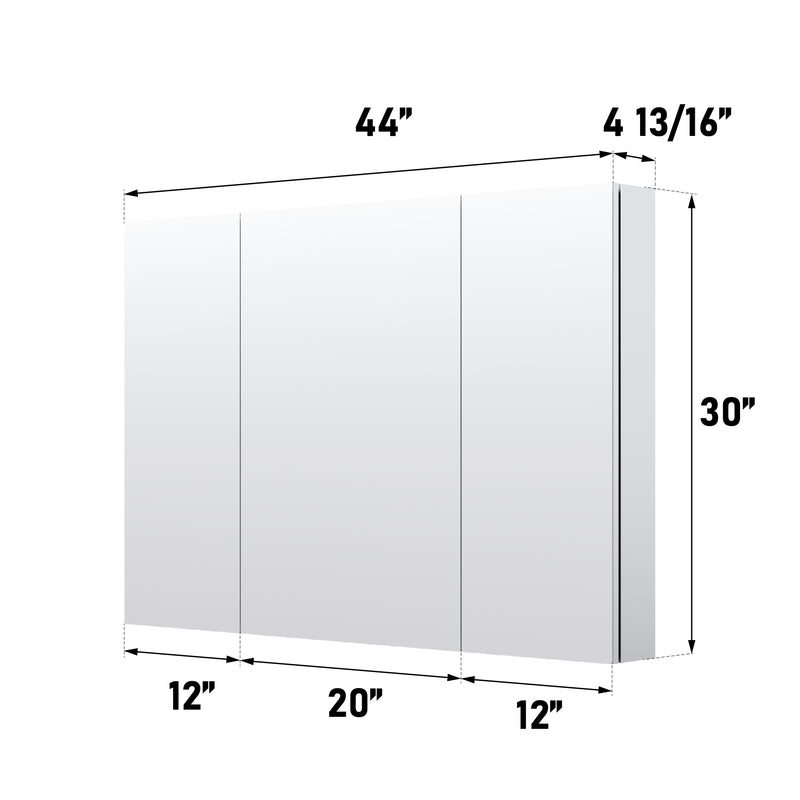 44 in. x30 in. Copper-Free Tri-Views Mirror Medicine Cabinet with Adjustable Shelves and 3 Doors
