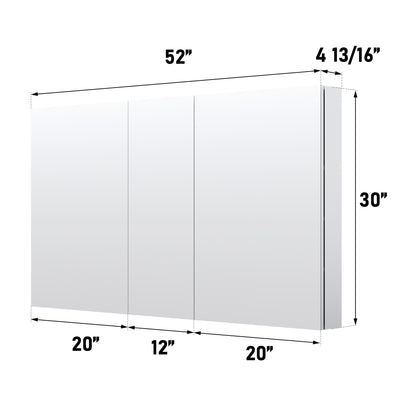52 in. x30 in. Copper-Free Tri-Views Mirror Medicine Cabinet with Adjustable Shelves and 3 Doors