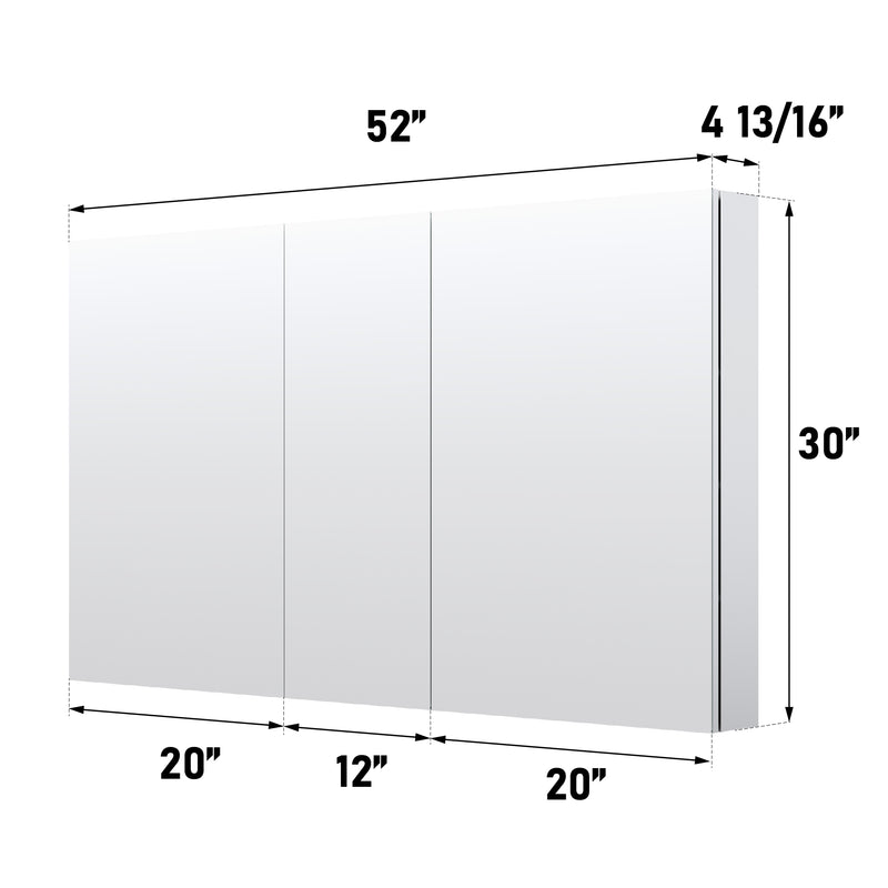 52 in. x30 in. Copper-Free Tri-Views Mirror Medicine Cabinet with Adjustable Shelves and 3 Doors