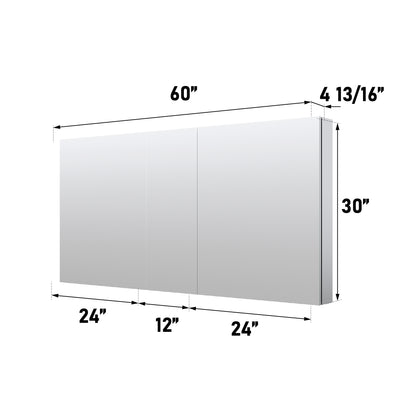 60 in. x30 in. Copper-Free Tri-Views Mirror Medicine Cabinet with Adjustable Shelves and 3 Doors