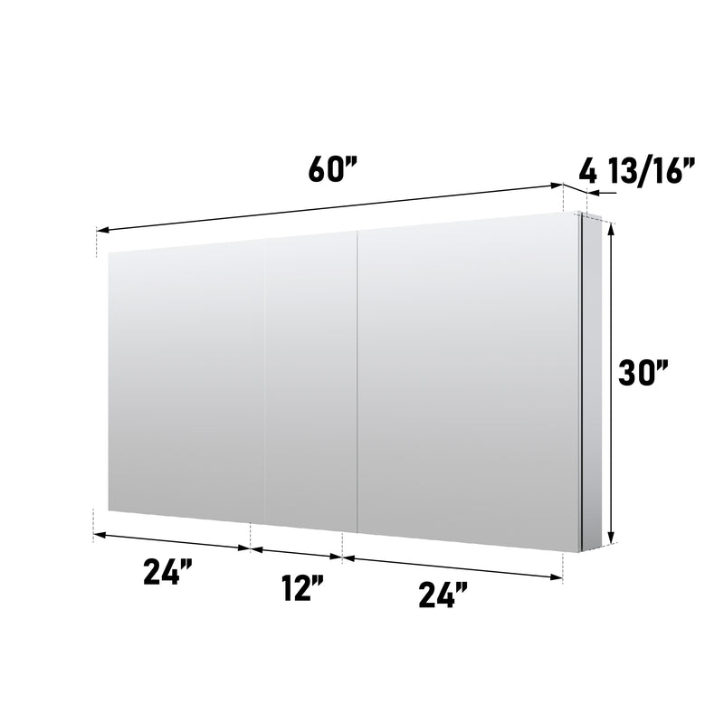 60 in. x30 in. Copper-Free Tri-Views Mirror Medicine Cabinet with Adjustable Shelves and 3 Doors
