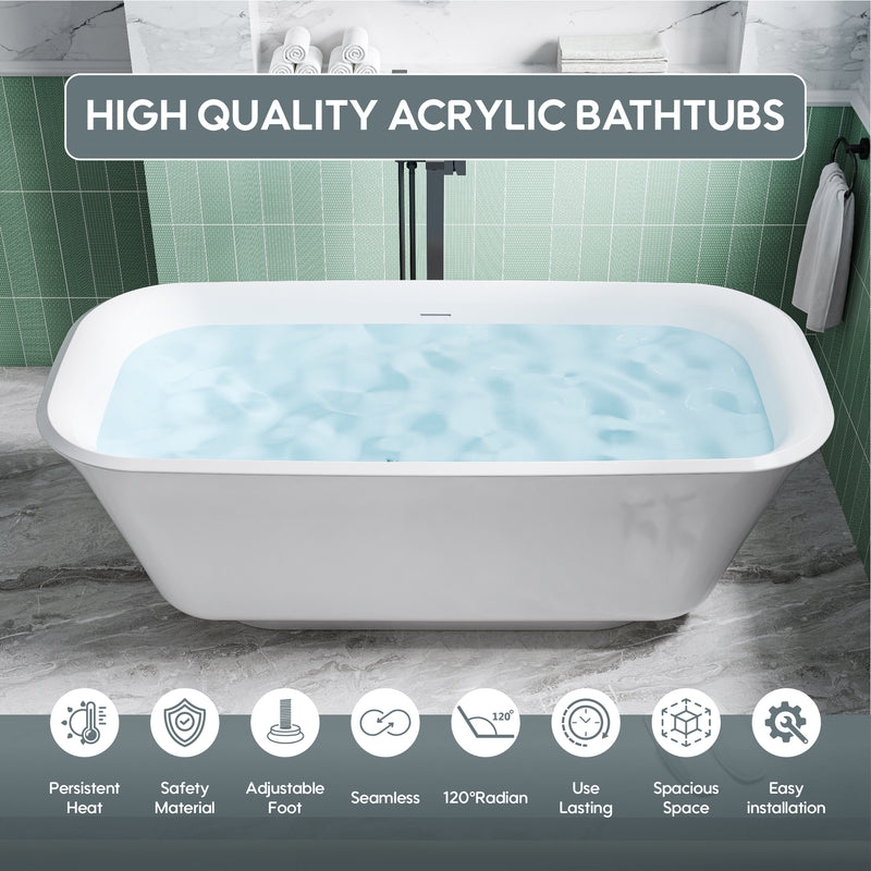 67 Freestanding Glossy White Acrylic Bathtub with Chrome Overflow