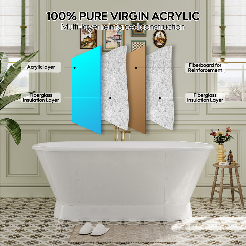 66 Freestanding Glossy White Acrylic Bathtub with Integrated Overflow
