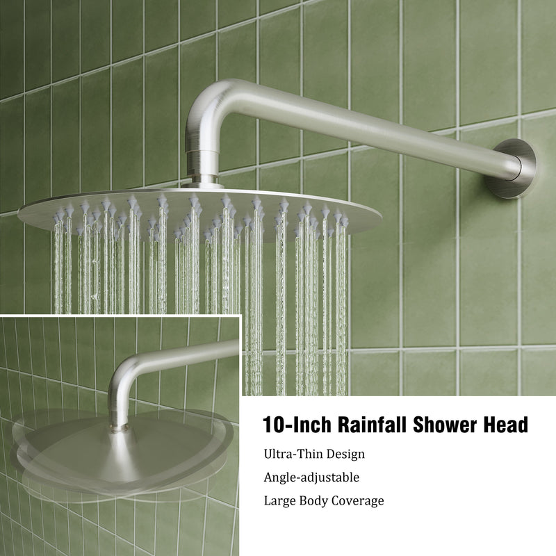 3-Function Shower System with Tub Spout, 10-Inch Rainfall Head & Handheld – Pressure Balance Valve, 304 Stainless Steel