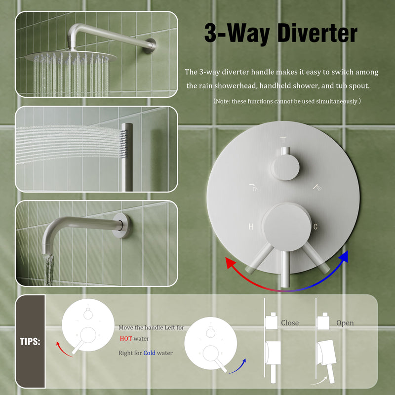 3-Function Shower System with Tub Spout, 10-Inch Rainfall Head & Handheld – Pressure Balance Valve, 304 Stainless Steel