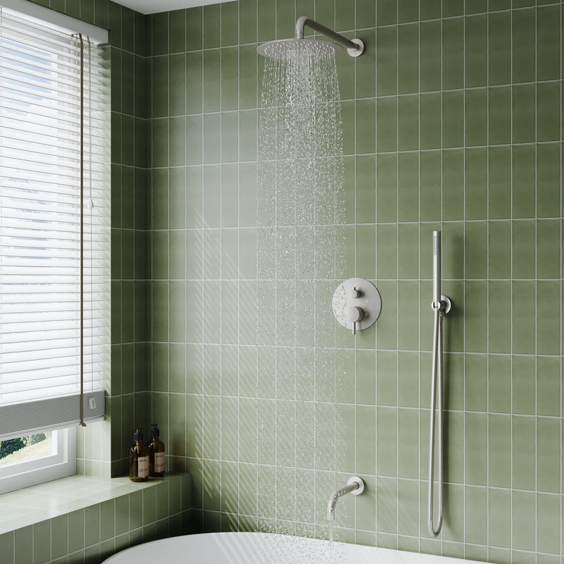 3-Function Shower System with Tub Spout, 10-Inch Rainfall Head & Handheld – Pressure Balance Valve, 304 Stainless Steel