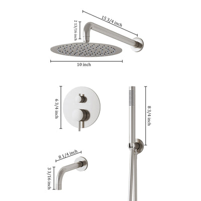 3-Function Shower System with Tub Spout, 10-Inch Rainfall Head & Handheld – Pressure Balance Valve, 304 Stainless Steel