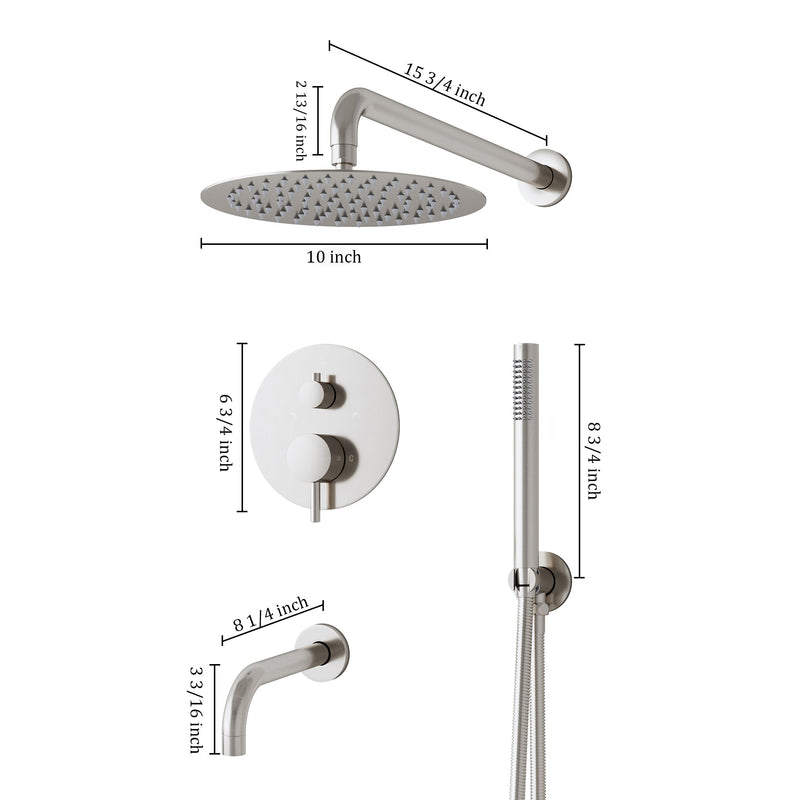 3-Function Shower System with Tub Spout, 10-Inch Rainfall Head & Handheld – Pressure Balance Valve, 304 Stainless Steel