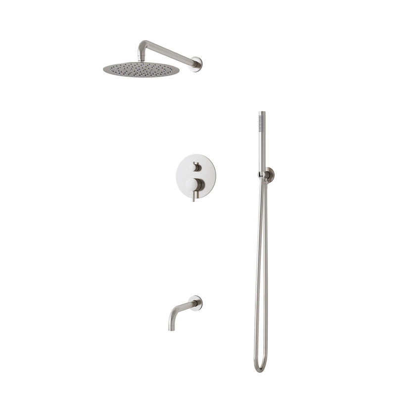 3-Function Shower System with Tub Spout, 10-Inch Rainfall Head & Handheld – Pressure Balance Valve, 304 Stainless Steel