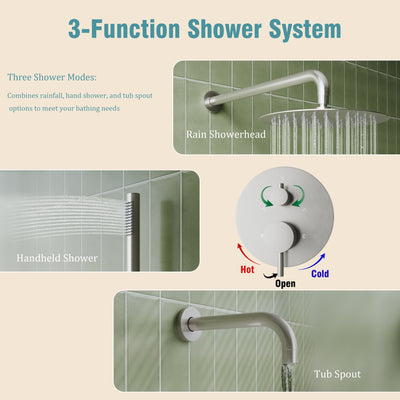 3-Function Shower System with Tub Spout, 10-Inch Rainfall Head & Handheld – Pressure Balance Valve, 304 Stainless Steel