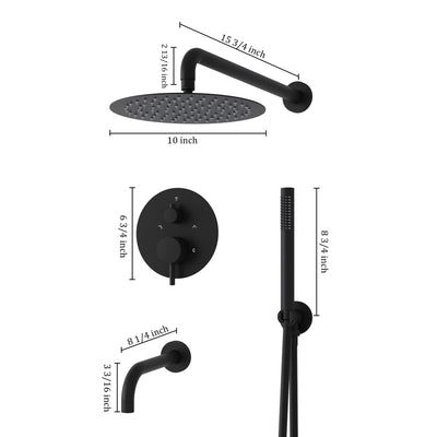 3-Function Shower System with Tub Spout, 10-Inch Rainfall Head & Handheld – Pressure Balance Valve, 304 Stainless Steel