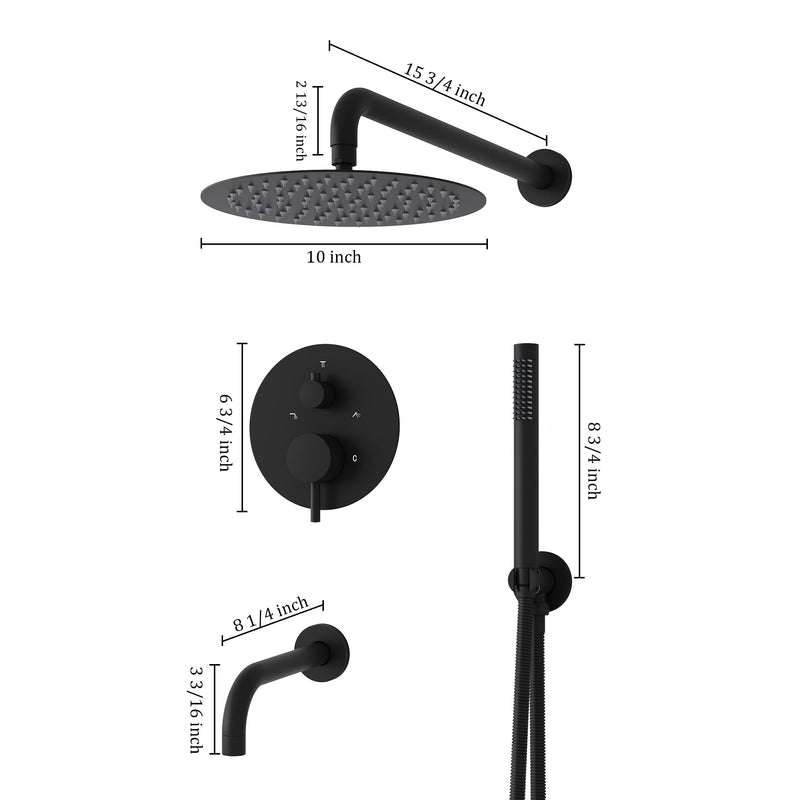 3-Function Shower System with Tub Spout, 10-Inch Rainfall Head & Handheld – Pressure Balance Valve, 304 Stainless Steel
