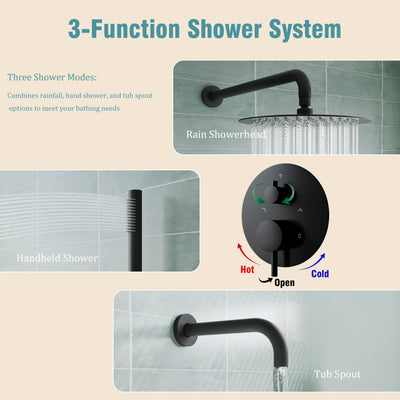 3-Function Shower System with Tub Spout, 10-Inch Rainfall Head & Handheld – Pressure Balance Valve, 304 Stainless Steel