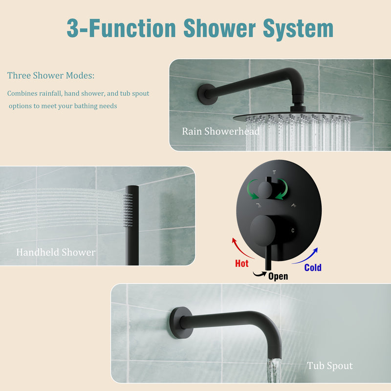 3-Function Shower System with Tub Spout, 10-Inch Rainfall Head & Handheld – Pressure Balance Valve, 304 Stainless Steel