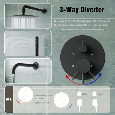 3-Function Shower System with Tub Spout, 10-Inch Rainfall Head & Handheld – Pressure Balance Valve, 304 Stainless Steel
