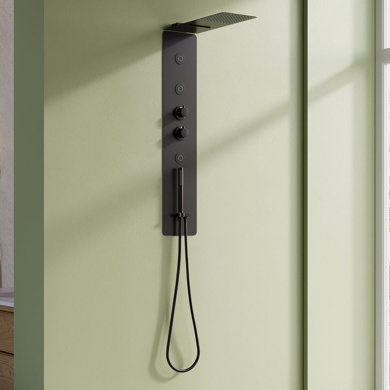Luxury Thermostatic 4-Function Stainless Steel Shower System with Ultra-Thin Dual-Function Rainfall Head, Handheld, Body Jets