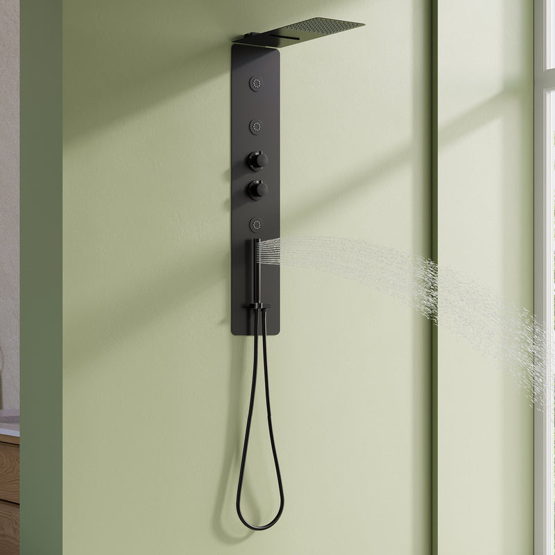 Luxury Thermostatic 4-Function Stainless Steel Shower System with Ultra-Thin Dual-Function Rainfall Head, Handheld, Body Jets