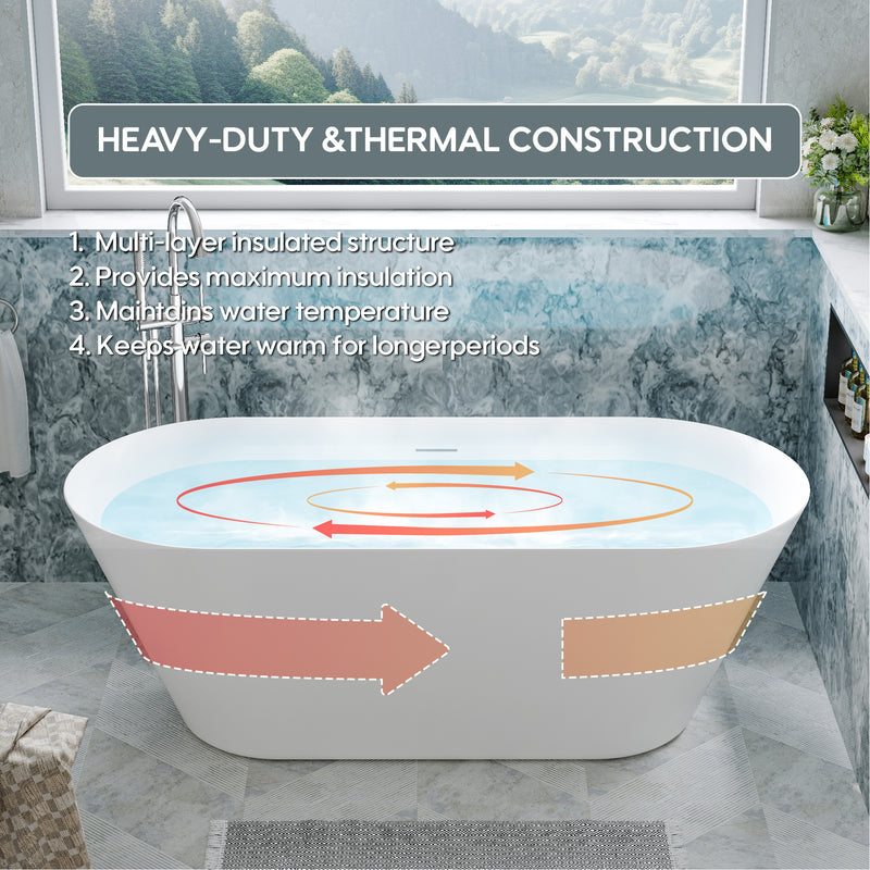 66 Freestanding Glossy White Acrylic Bathtub with Slotted Overflow