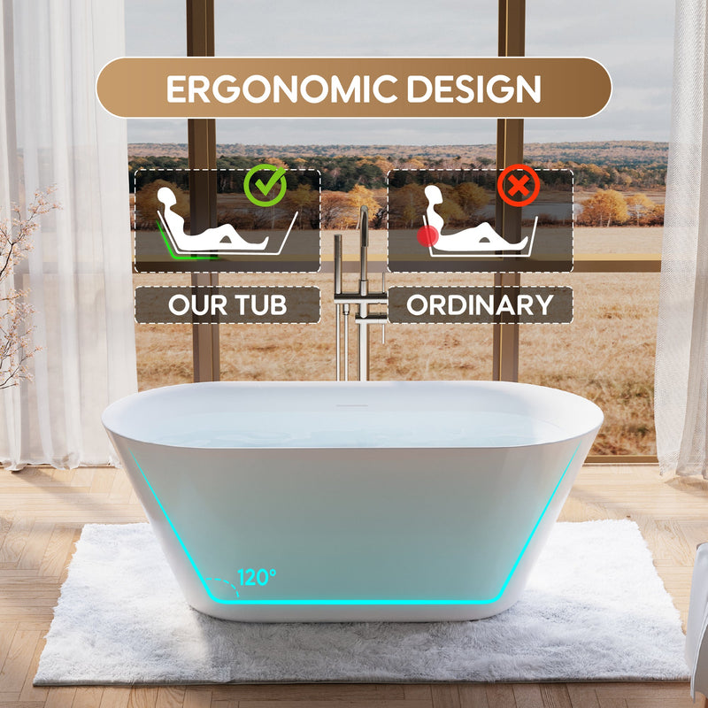 60" Glossy White Acrylic Freestanding Bathtub with Integrated Slotted Overflow and Pop-up Drainer