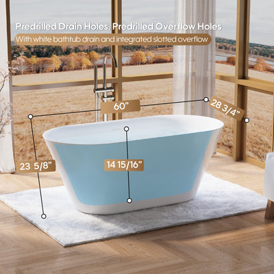 60" Glossy White Acrylic Freestanding Bathtub with Integrated Slotted Overflow and Pop-up Drainer