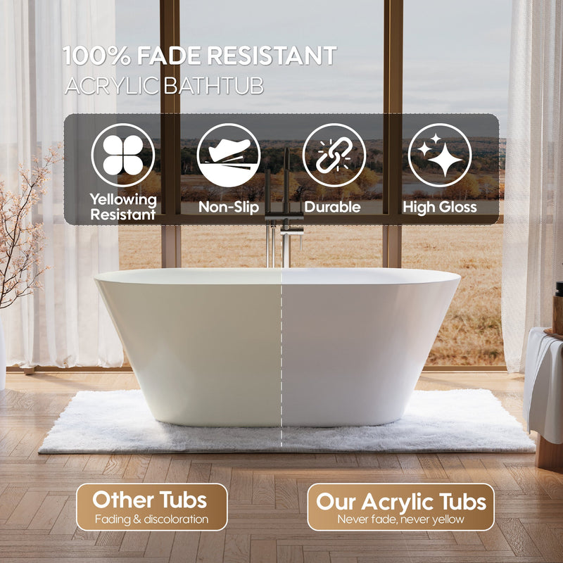 60" Glossy White Acrylic Freestanding Bathtub with Integrated Slotted Overflow and Pop-up Drainer