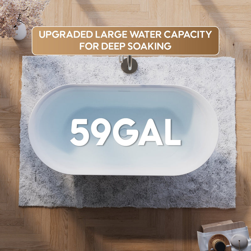 60" Glossy White Acrylic Freestanding Bathtub with Integrated Slotted Overflow and Pop-up Drainer