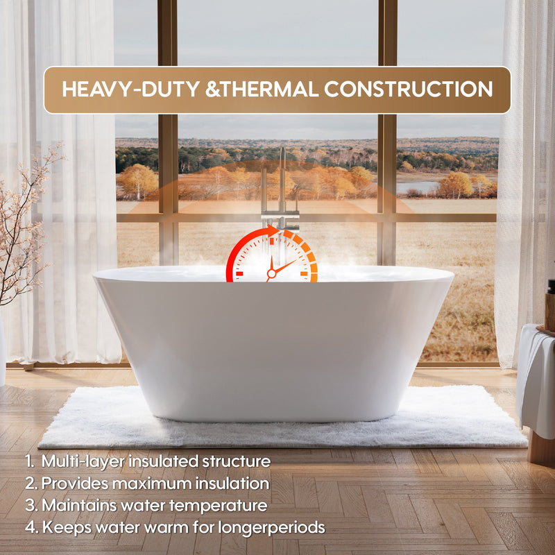 60" Glossy White Acrylic Freestanding Bathtub with Integrated Slotted Overflow and Pop-up Drainer