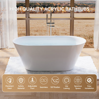 60" Glossy White Acrylic Freestanding Bathtub with Integrated Slotted Overflow and Pop-up Drainer