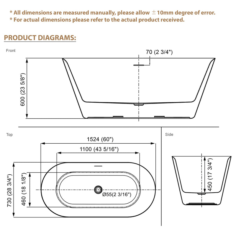 60" Glossy White Acrylic Freestanding Bathtub with Integrated Slotted Overflow and Pop-up Drainer