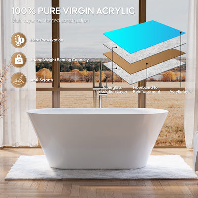 60" Glossy White Acrylic Freestanding Bathtub with Integrated Slotted Overflow and Pop-up Drainer