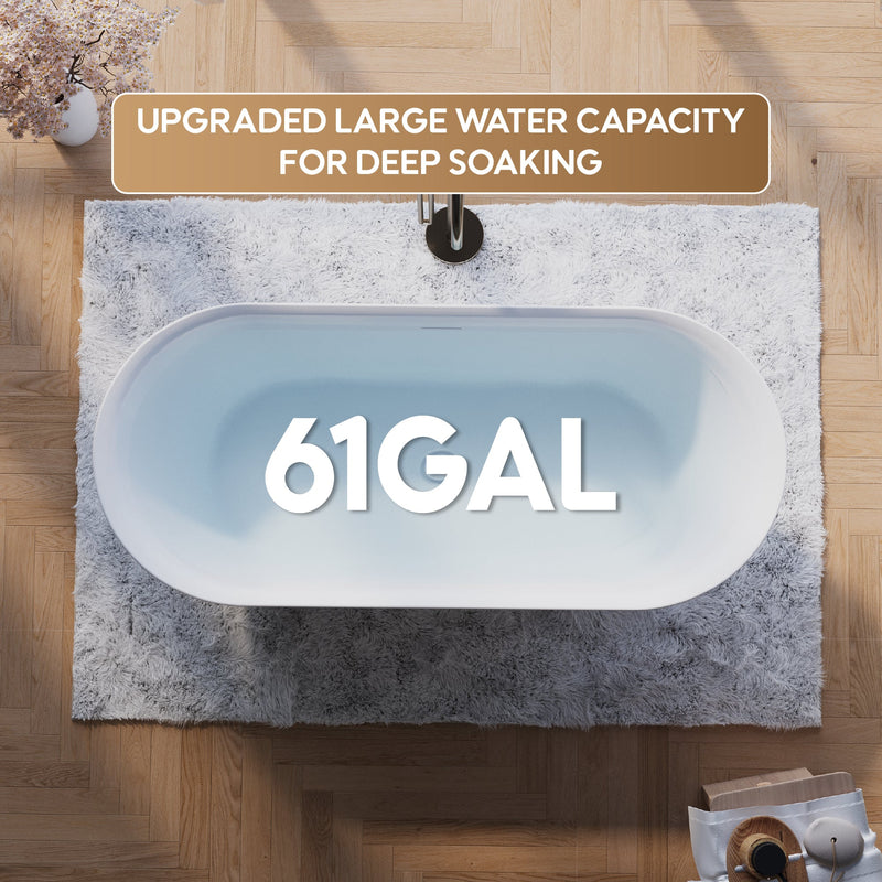 63" Glossy White Acrylic Freestanding Bathtub with Integrated Slotted Overflow and Pop-up Drainer